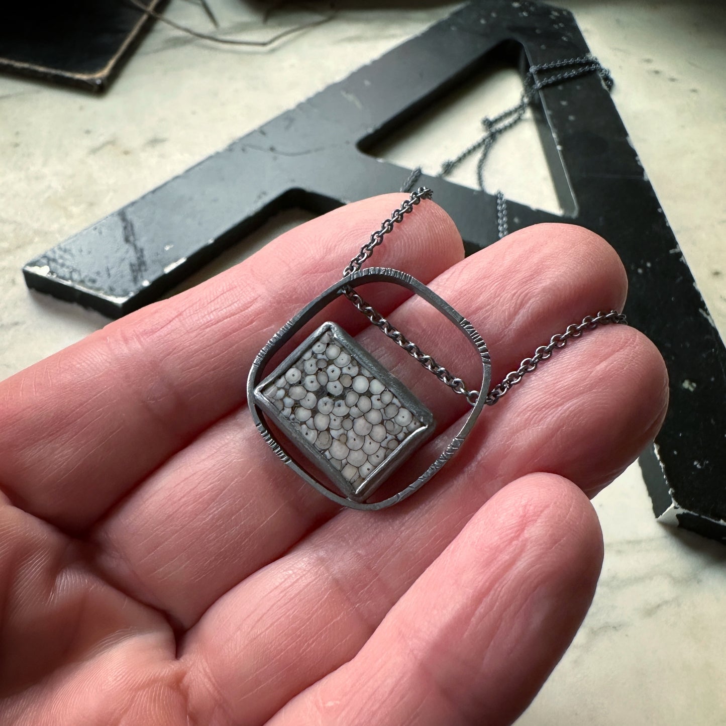 Snakeskin agate oxidized sterling silver modern pendant