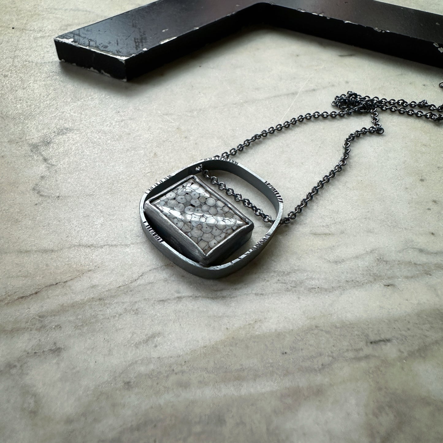 Snakeskin agate oxidized sterling silver modern pendant