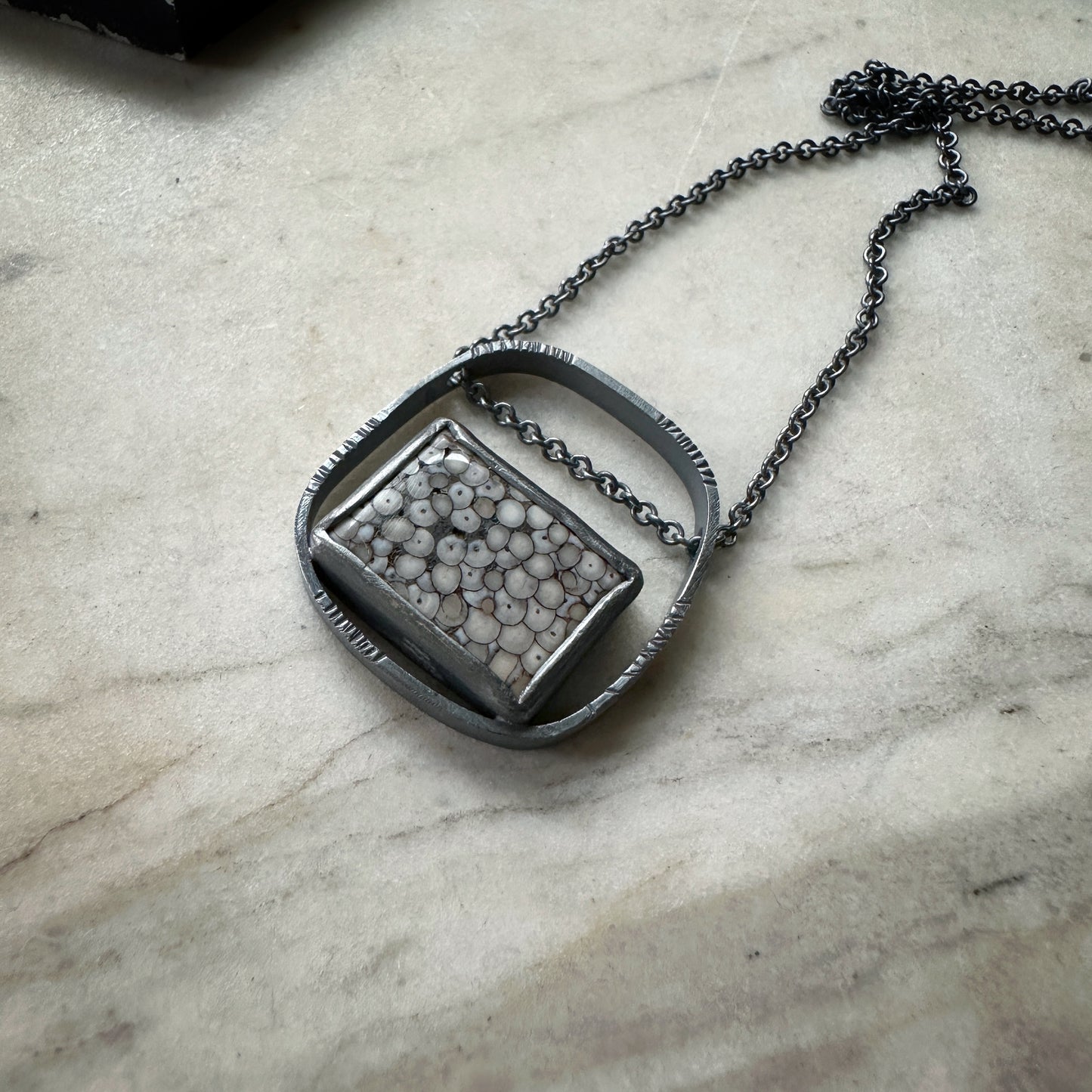 Snakeskin agate oxidized sterling silver modern pendant