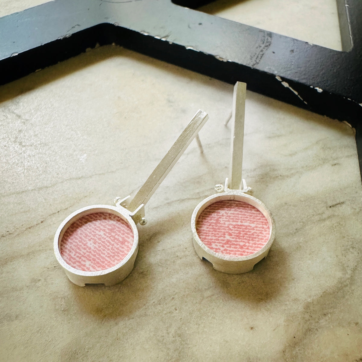 Sterling Silver Pink Linen Formica Drop Earrings