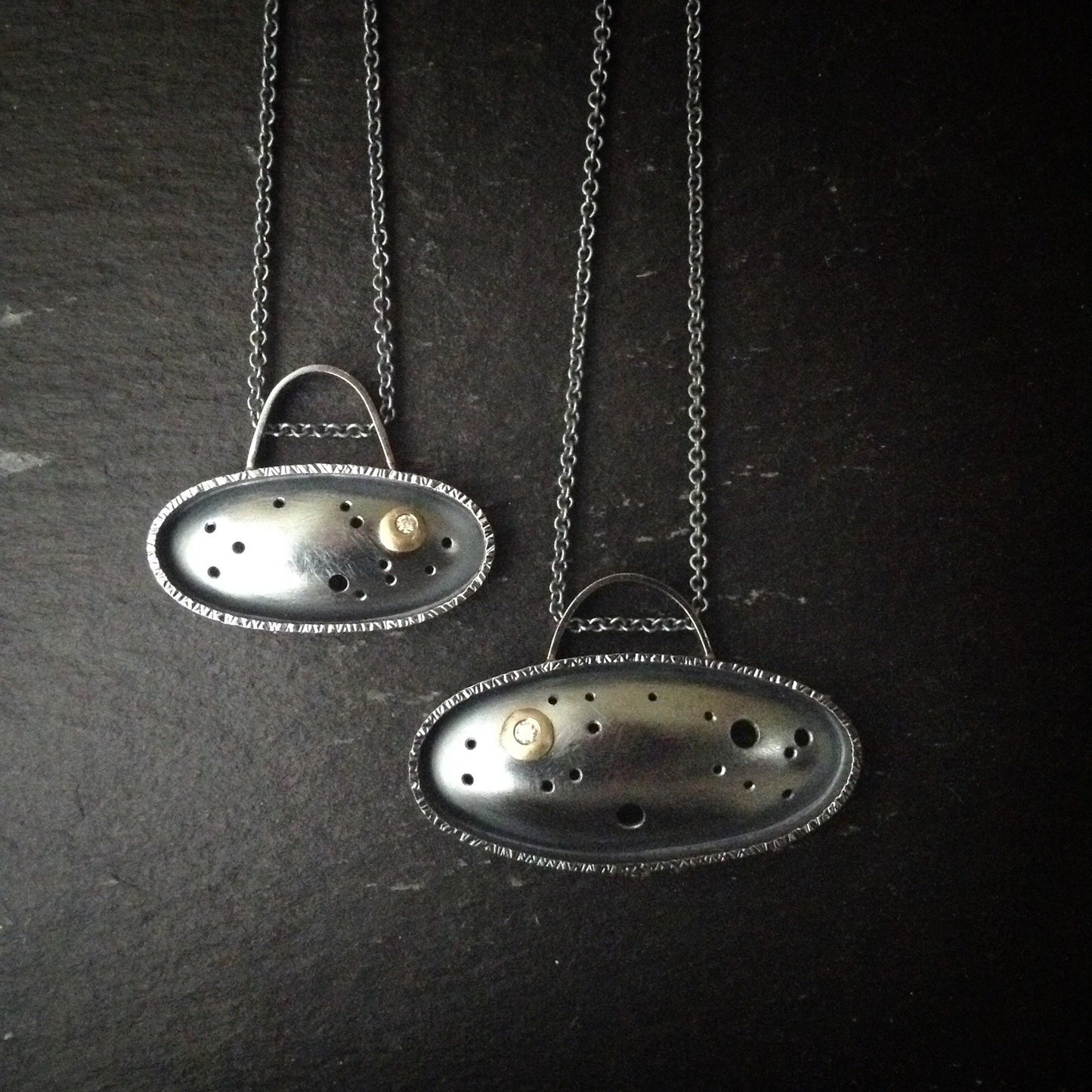 contemporary night sky pendant with golden moon and moissanite