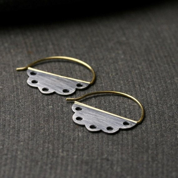 scalloped edge sterling silver hoop earrings with holes and gold ear wires