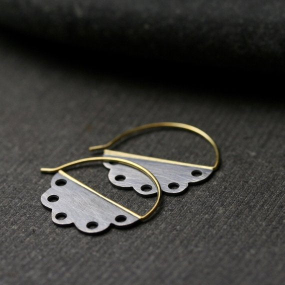 scalloped edge sterling silver hoop earrings with holes and gold ear wires