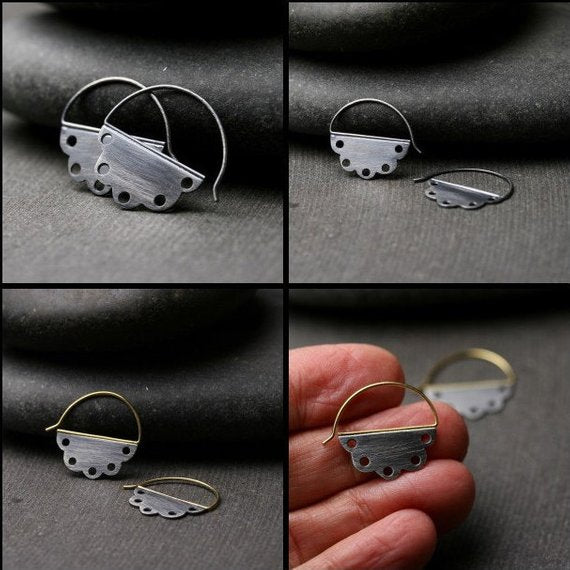 four pair of scalloped edge sterling silver hoop earrings with holes some with gold ear wires