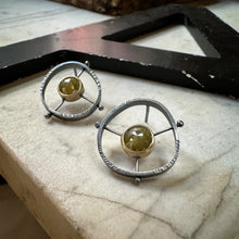 Load image into Gallery viewer, circular earrings with a yellow rose cut diamond suspended in the center.  The diamonds are set in 18k yellow gold and are suspended by three rivets to the outer circle. 
