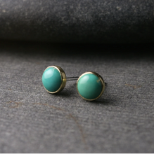 Load image into Gallery viewer, Untreated natural 6mm turquoise studs set in 18k yellow gold
