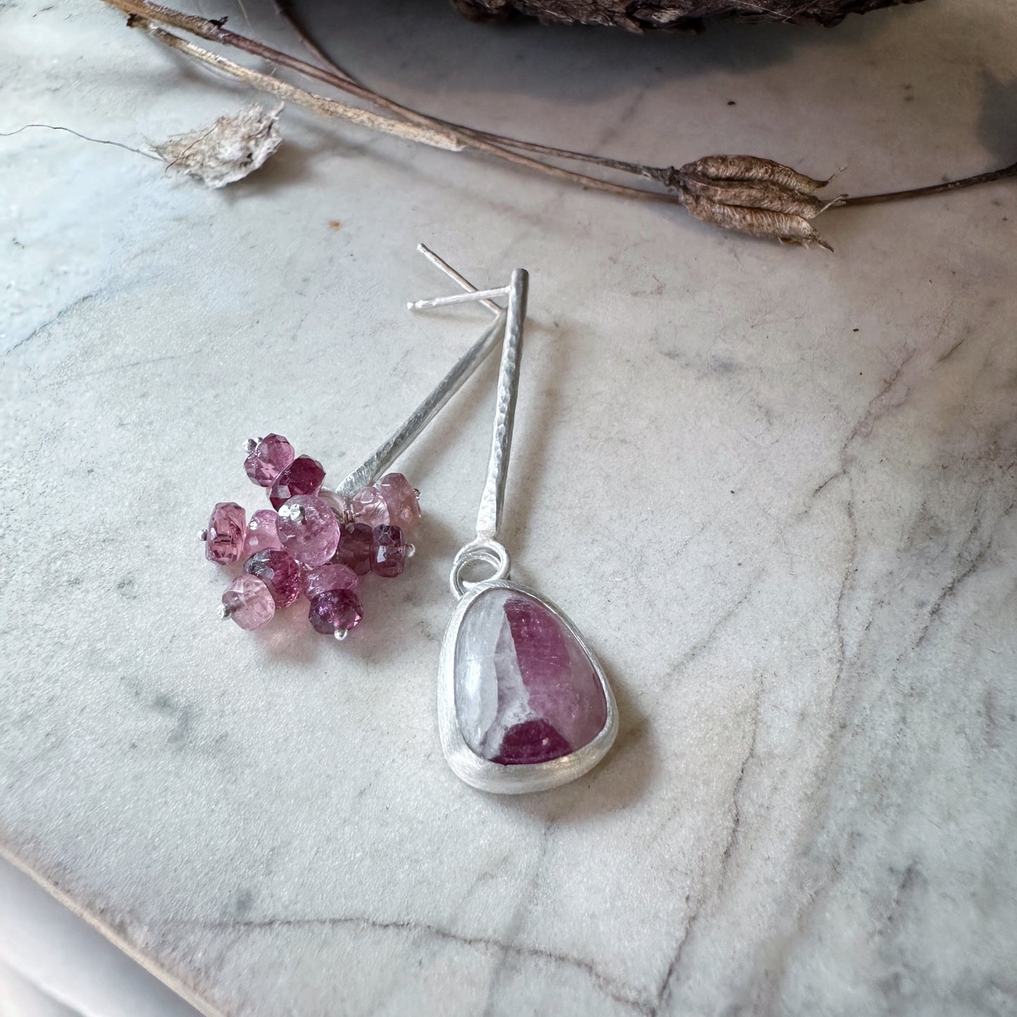 Asymmetrical drop earrings with tourmaline in quartz and tourmaline roundel, sterling silver.