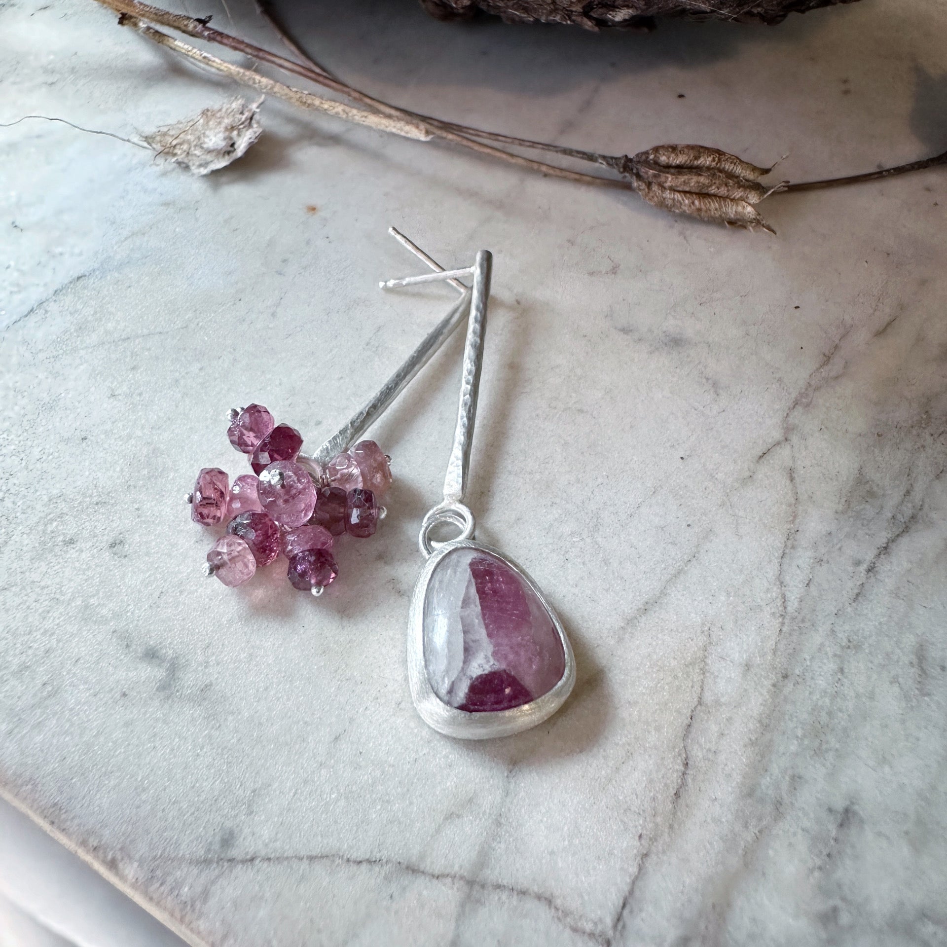 Asymmetrical drop earrings with tourmaline in quartz and tourmaline roundel, sterling silver.