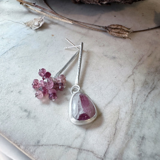 Asymmetrical drop earrings with tourmaline in quartz and tourmaline roundel, sterling silver.