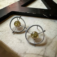 Load image into Gallery viewer, circular earrings with a yellow rose cut diamond suspended in the center.  The diamonds are set in 18k yellow gold and are suspended by three rivets to the outer circle. 
