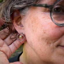 Load image into Gallery viewer, circular earrings with a yellow rose cut diamond suspended in the center.  The diamonds are set in 18k yellow gold and are suspended by three rivets to the outer circle. 
