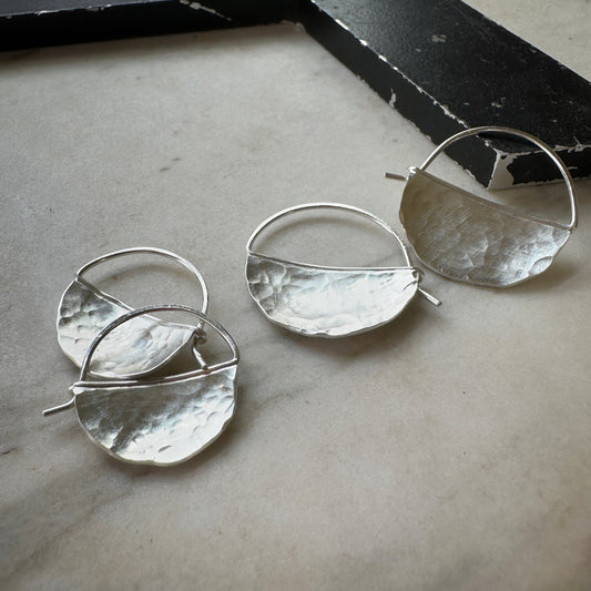 bright silver half circle hoop earrings, size small and medium 