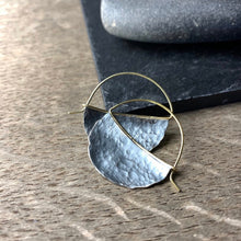 Load image into Gallery viewer, half circle hammered darkened silver hoops with gold ear wires
