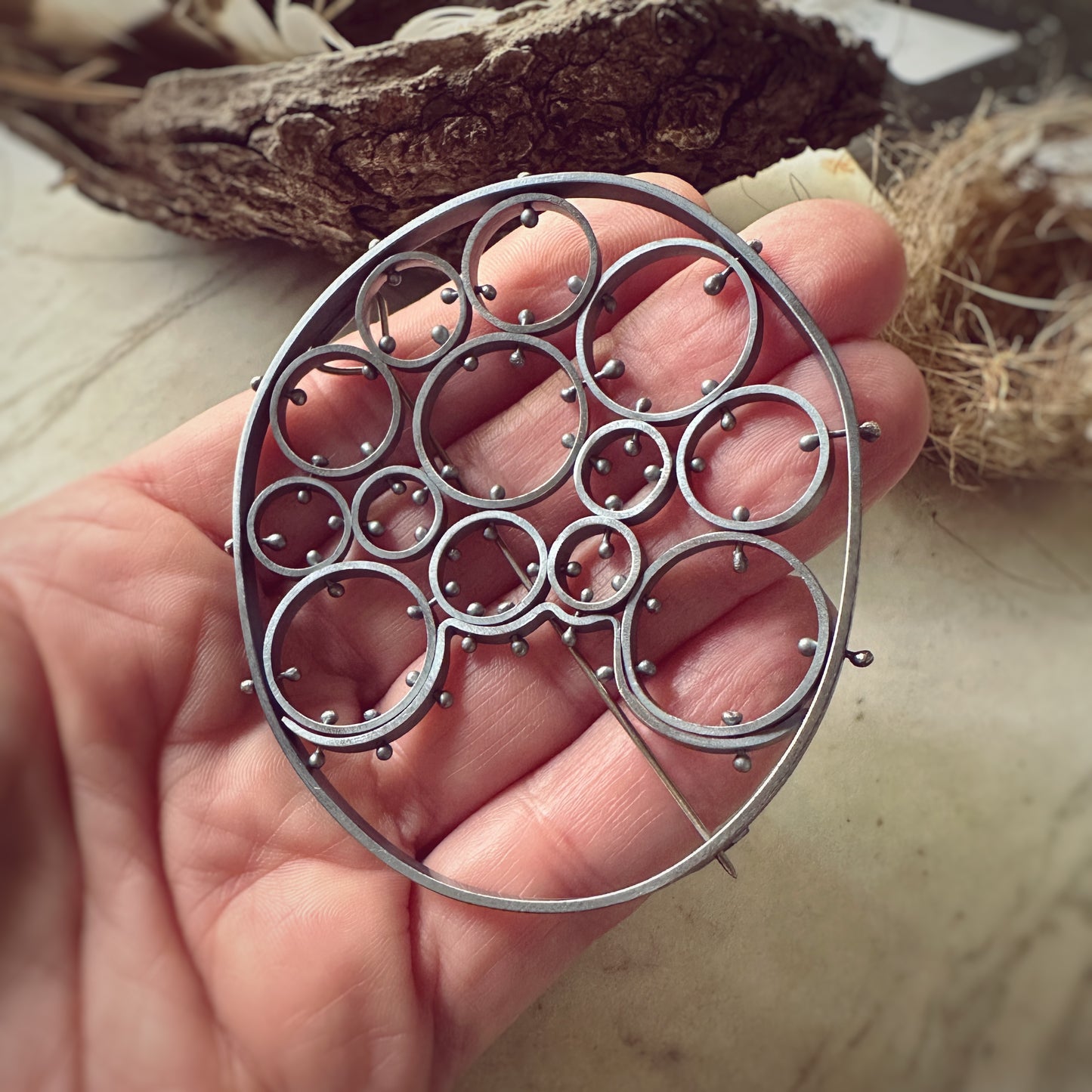 Cell collection brooch - oxidized sterling silver