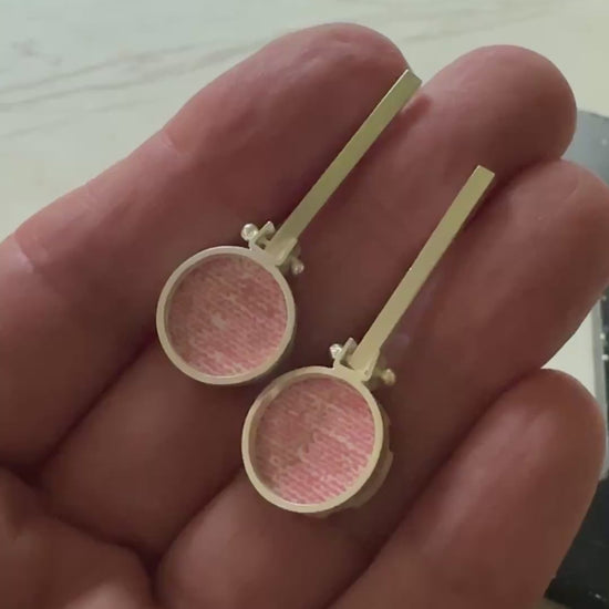 sterling silver bezel set pink linen formica dangle earrings 