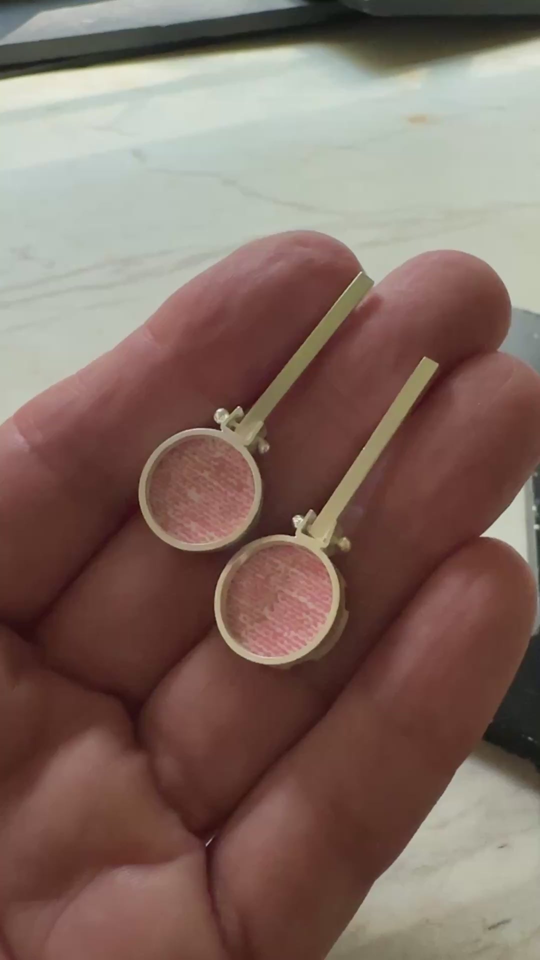 sterling silver bezel set pink linen formica dangle earrings 
