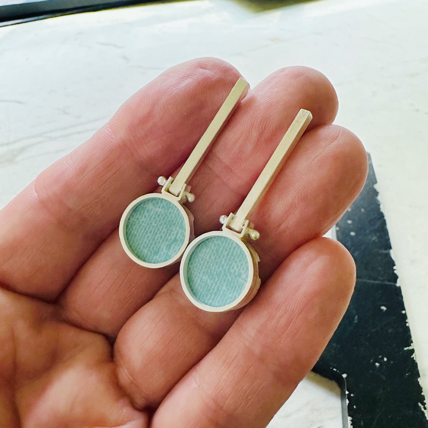 Sterling Silver Light Blue Linen Formica Drop Earrings
