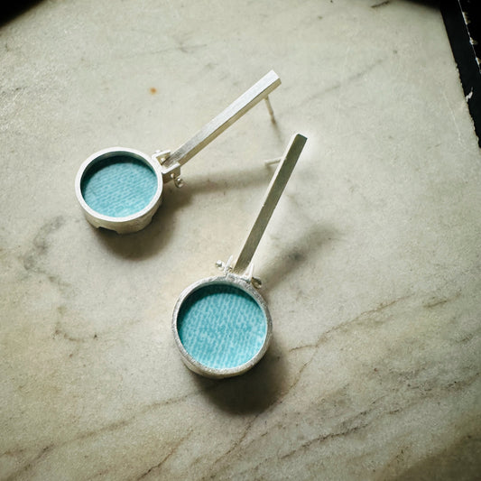 Sterling Silver Light Blue Linen Formica Drop Earrings