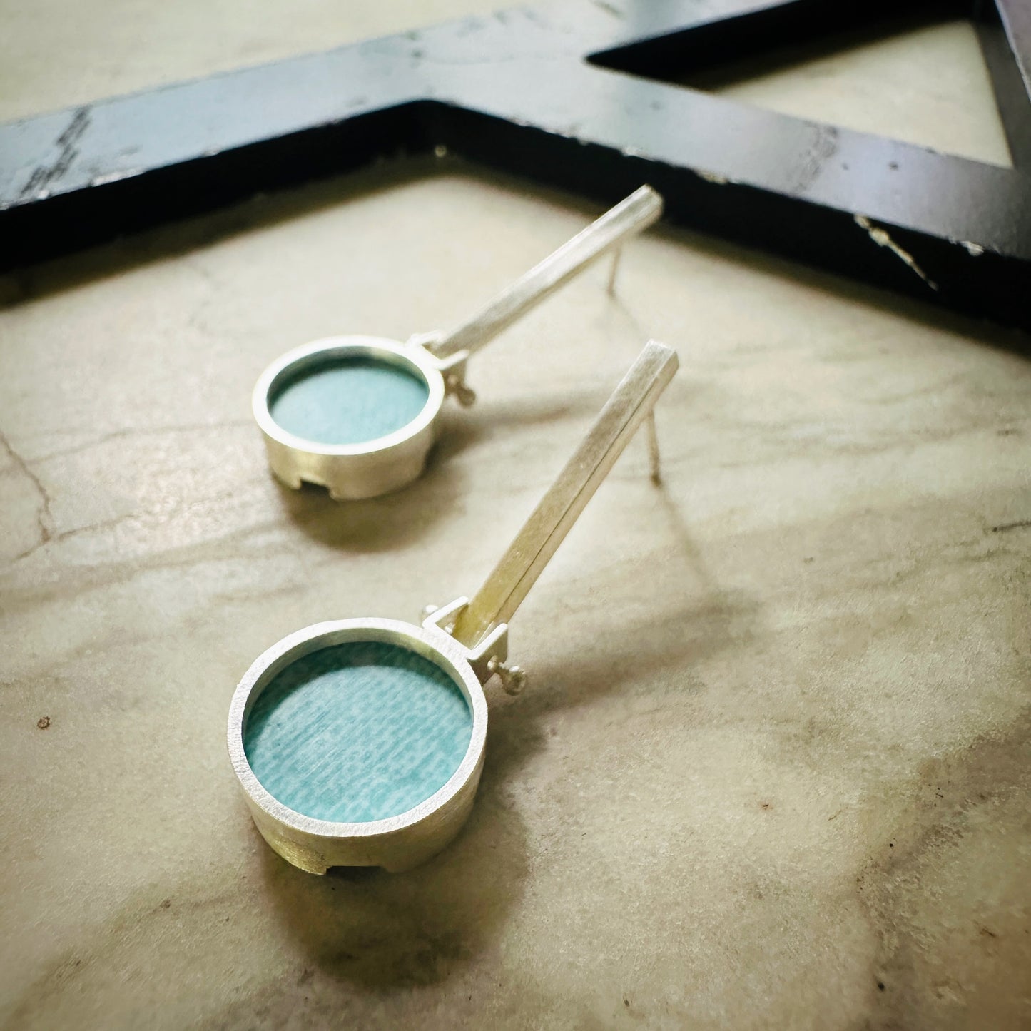Sterling Silver Light Blue Linen Formica Drop Earrings