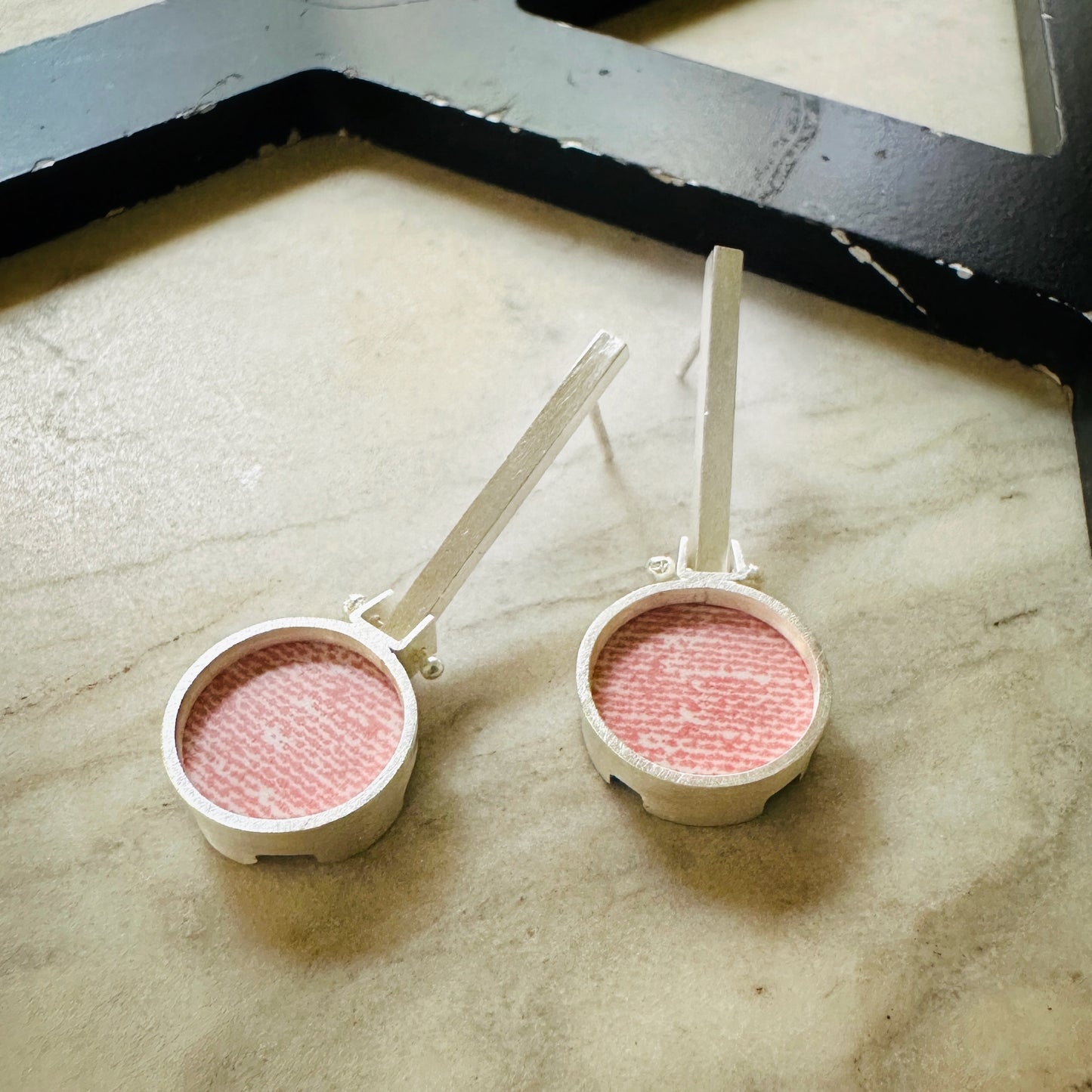 Sterling Silver Pink Linen Formica Drop Earrings