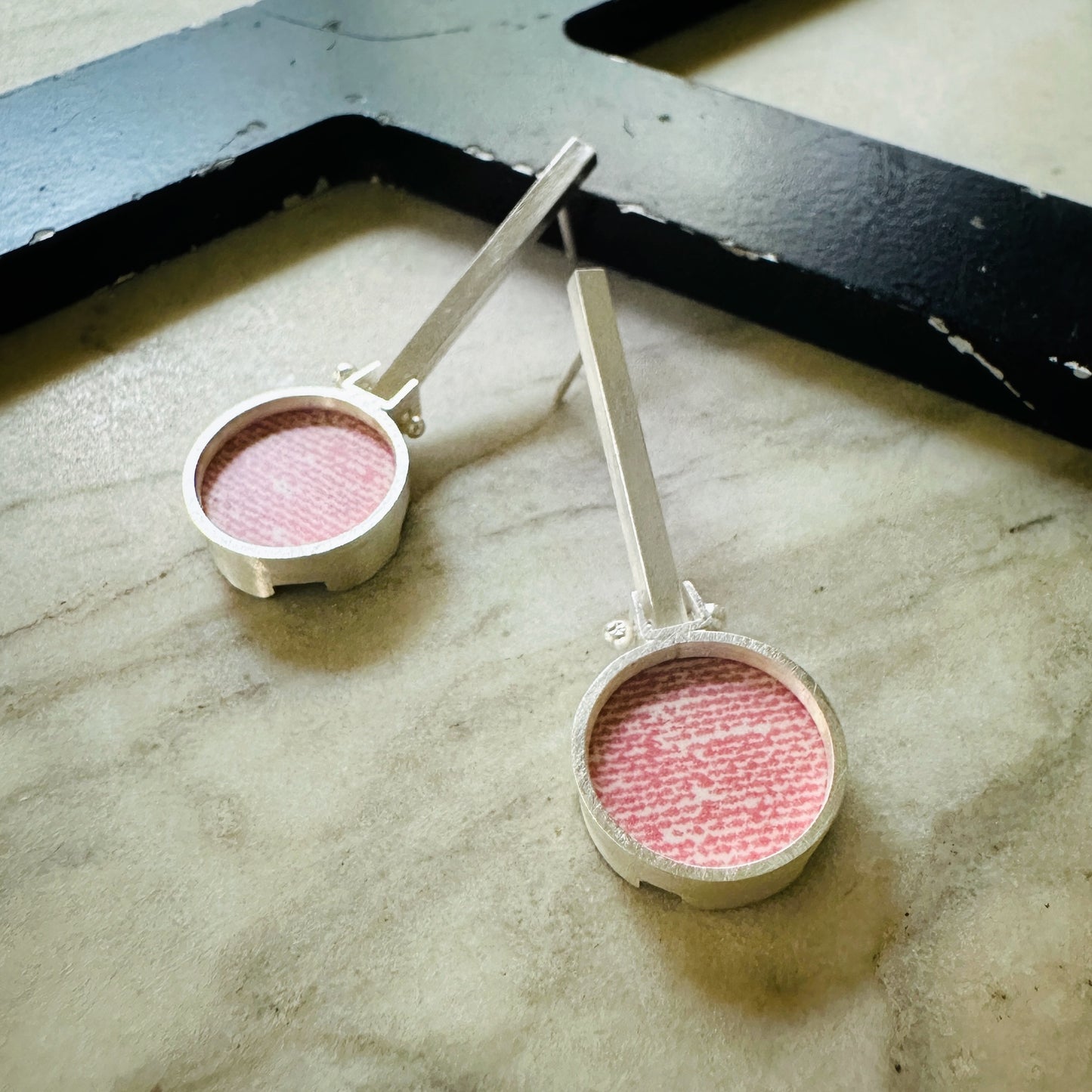 Sterling Silver Pink Linen Formica Drop Earrings