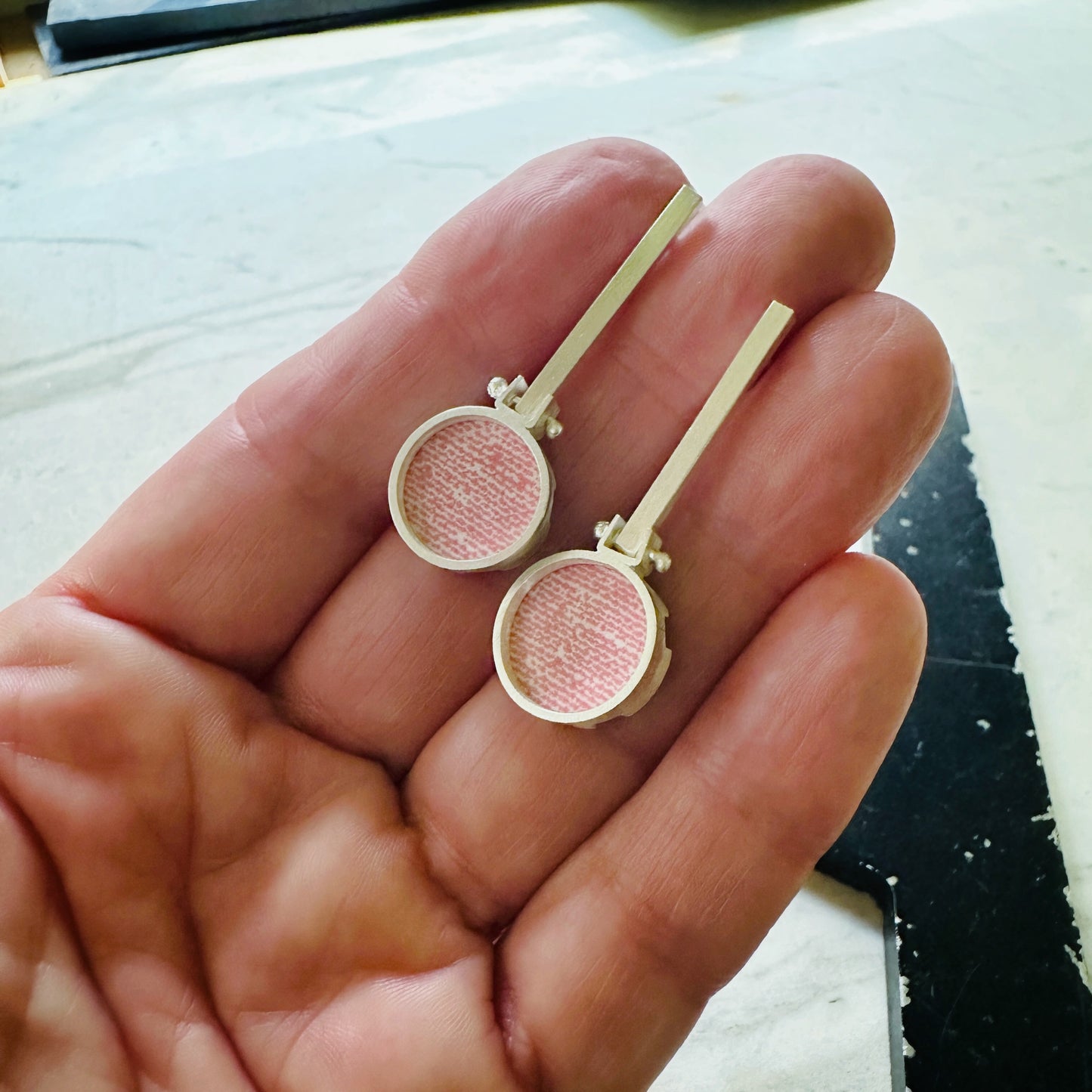 Sterling Silver Pink Linen Formica Drop Earrings