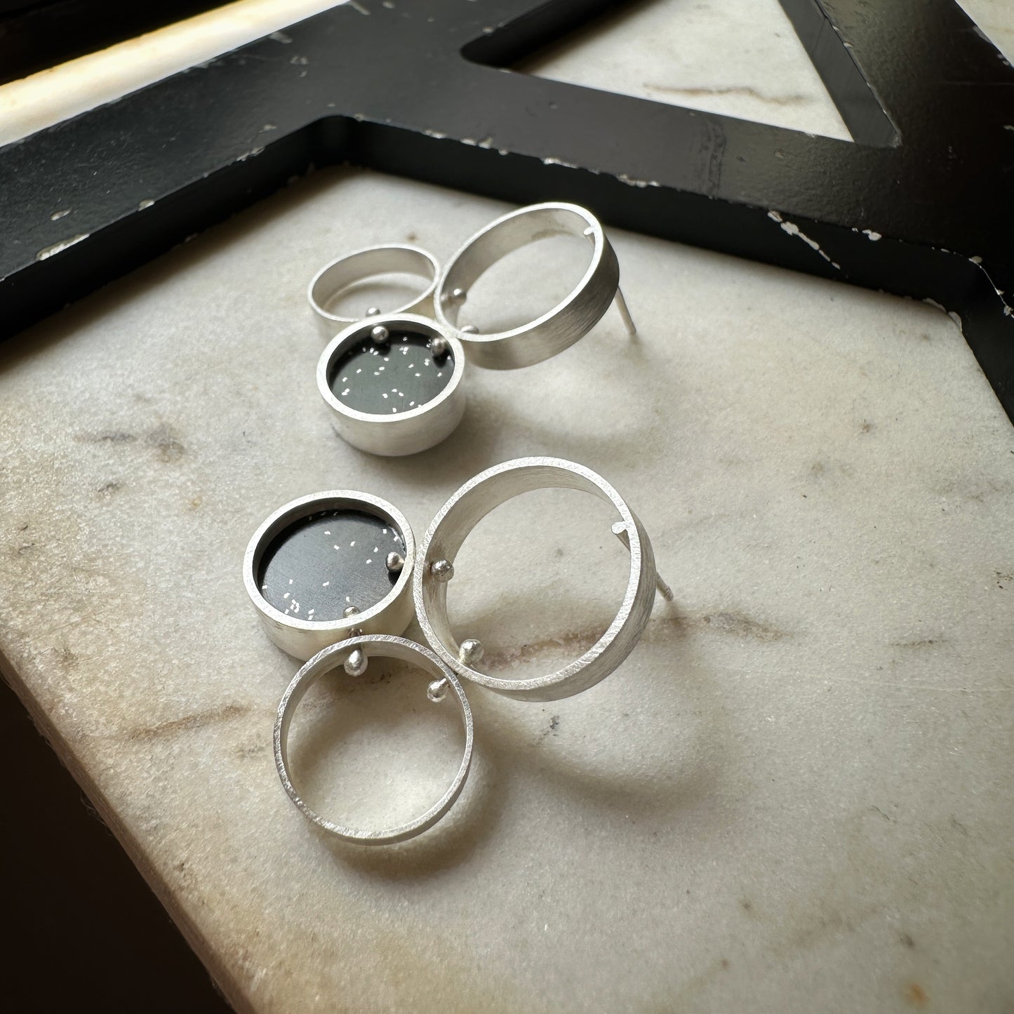 Sterling Silver Glitter Black Formica Cellular Earrings