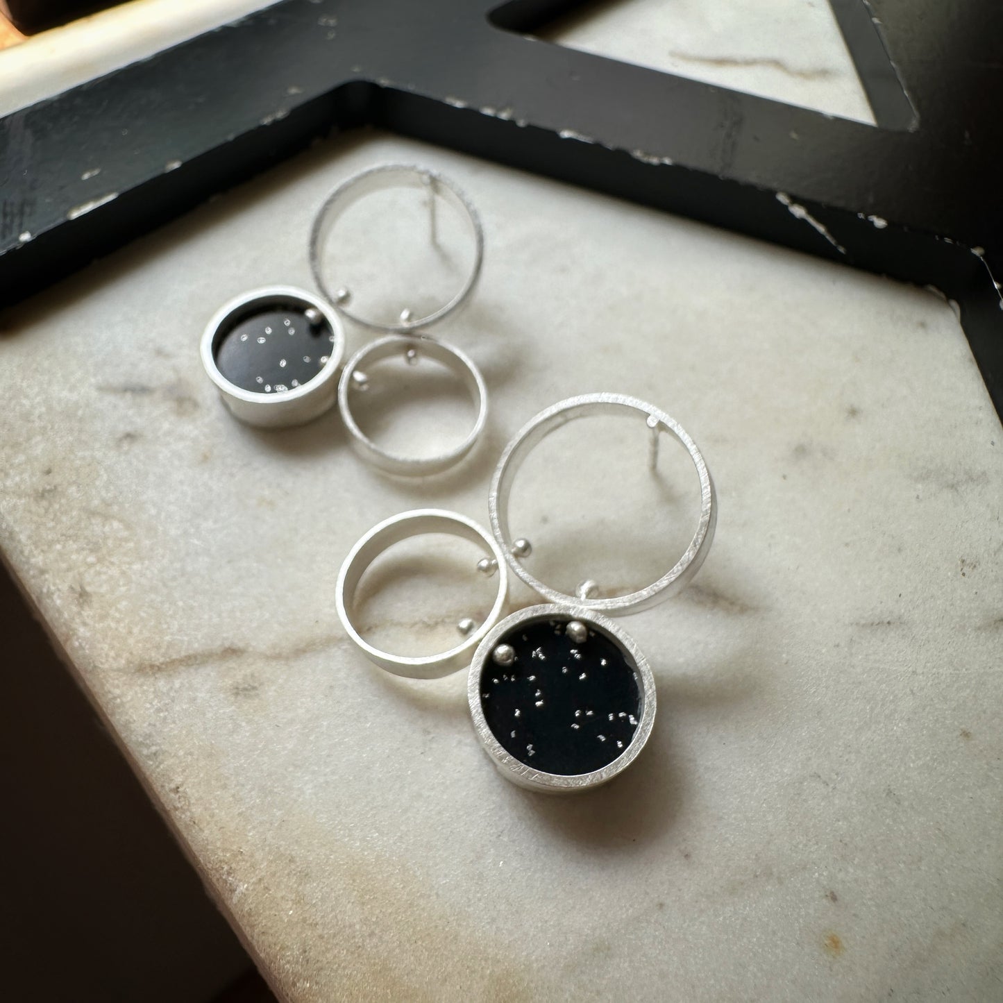 Sterling Silver Glitter Black Formica Cellular Earrings