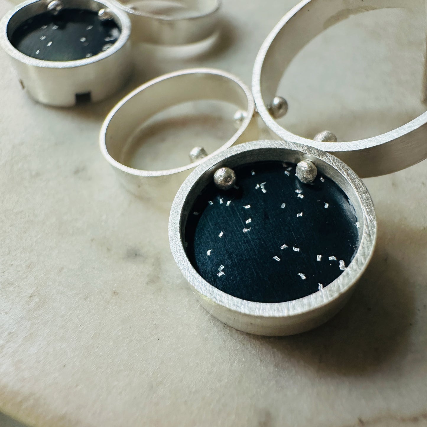 Sterling Silver Glitter Black Formica Cellular Earrings