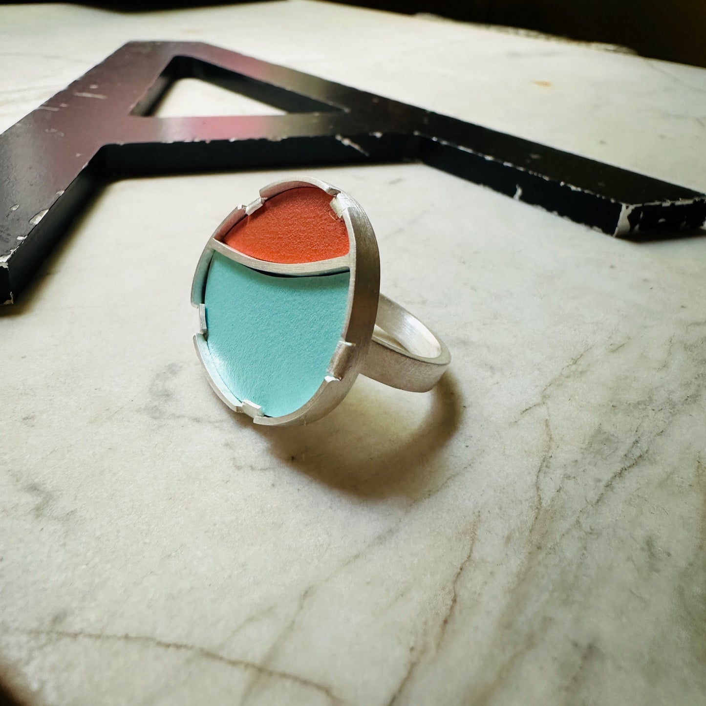 Sterling Silver Orange and Turquoise Formica Ring