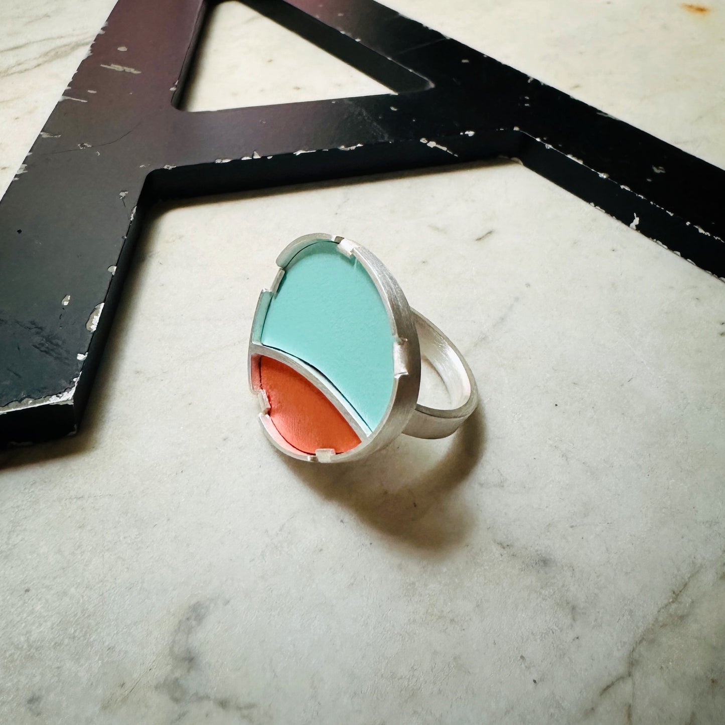 Sterling Silver Orange and Turquoise Formica Ring