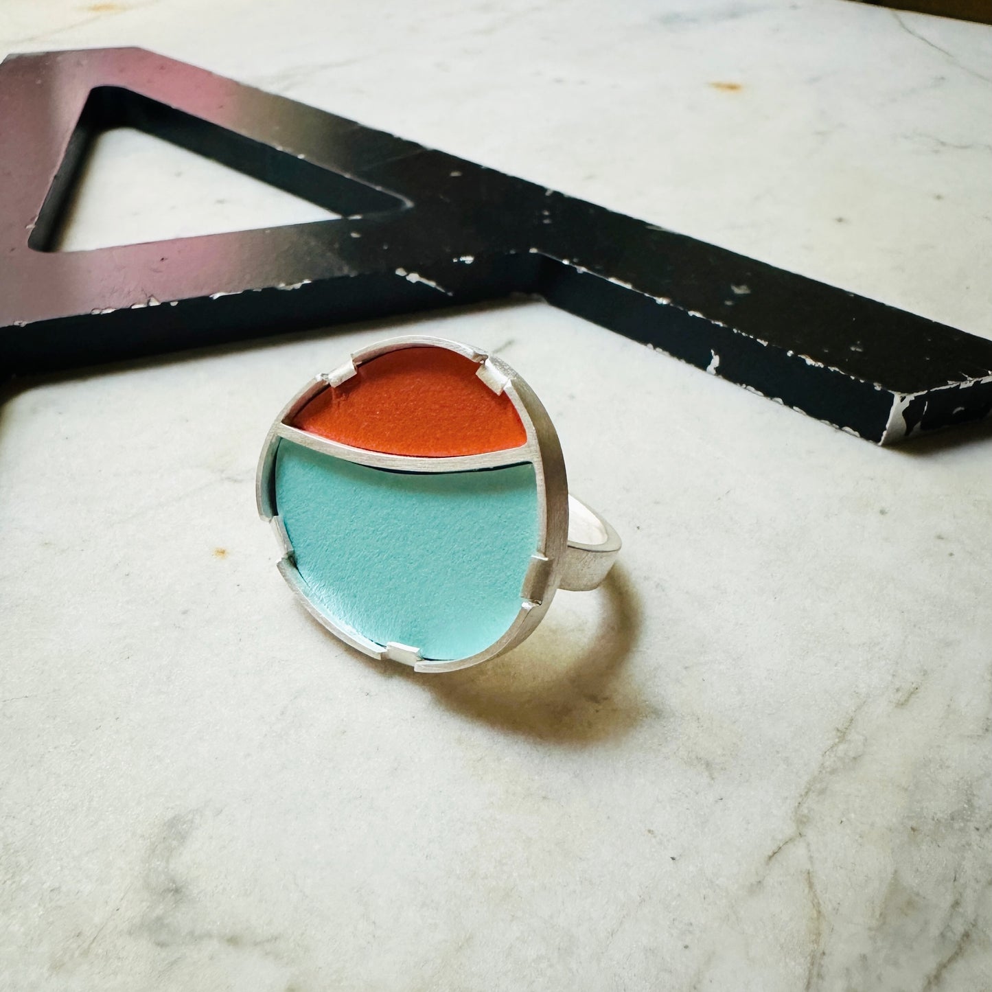 Sterling Silver Orange and Turquoise Formica Ring