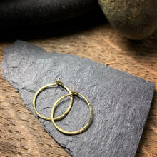 Load image into Gallery viewer, two small hammered textured hoop earrings in yellow gold.
