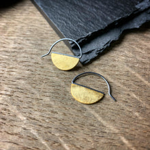 Load image into Gallery viewer, half discs of 18k yellow gold with oxidized ear wires hoop earrings
