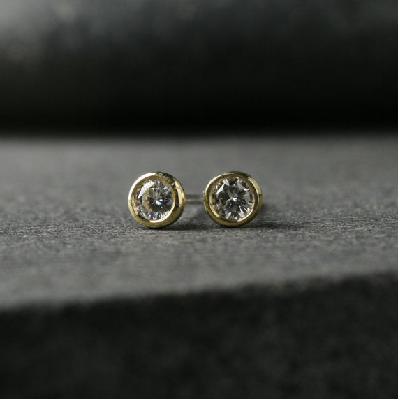 18k yellow gold bezel set earrings with 3mm Moissanite stones