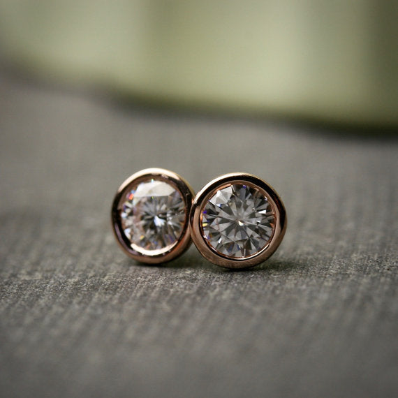 large 5mm Moissanite stud earrings in 14k rose gold bezels