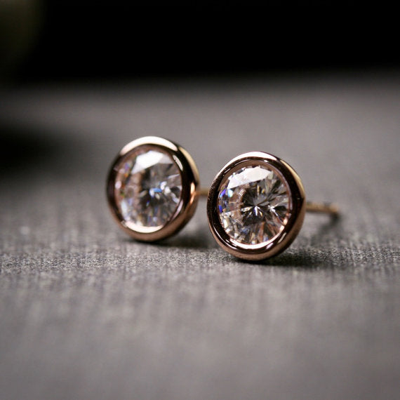 large 5mm Moissanite stud earrings in 14k rose gold bezels