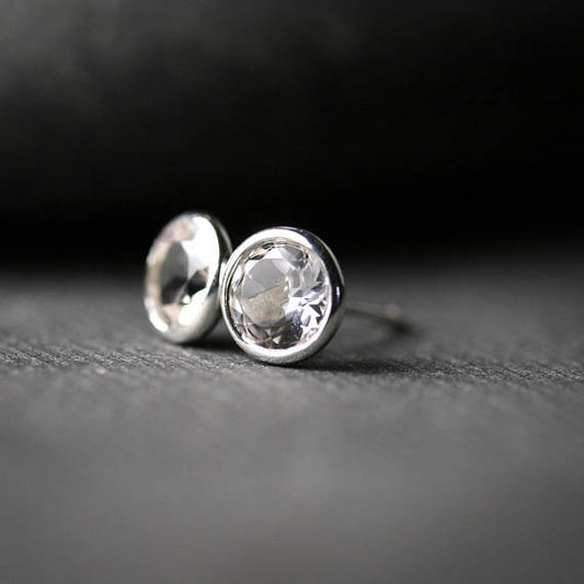 large white topaz sterling silver bezel set earrings