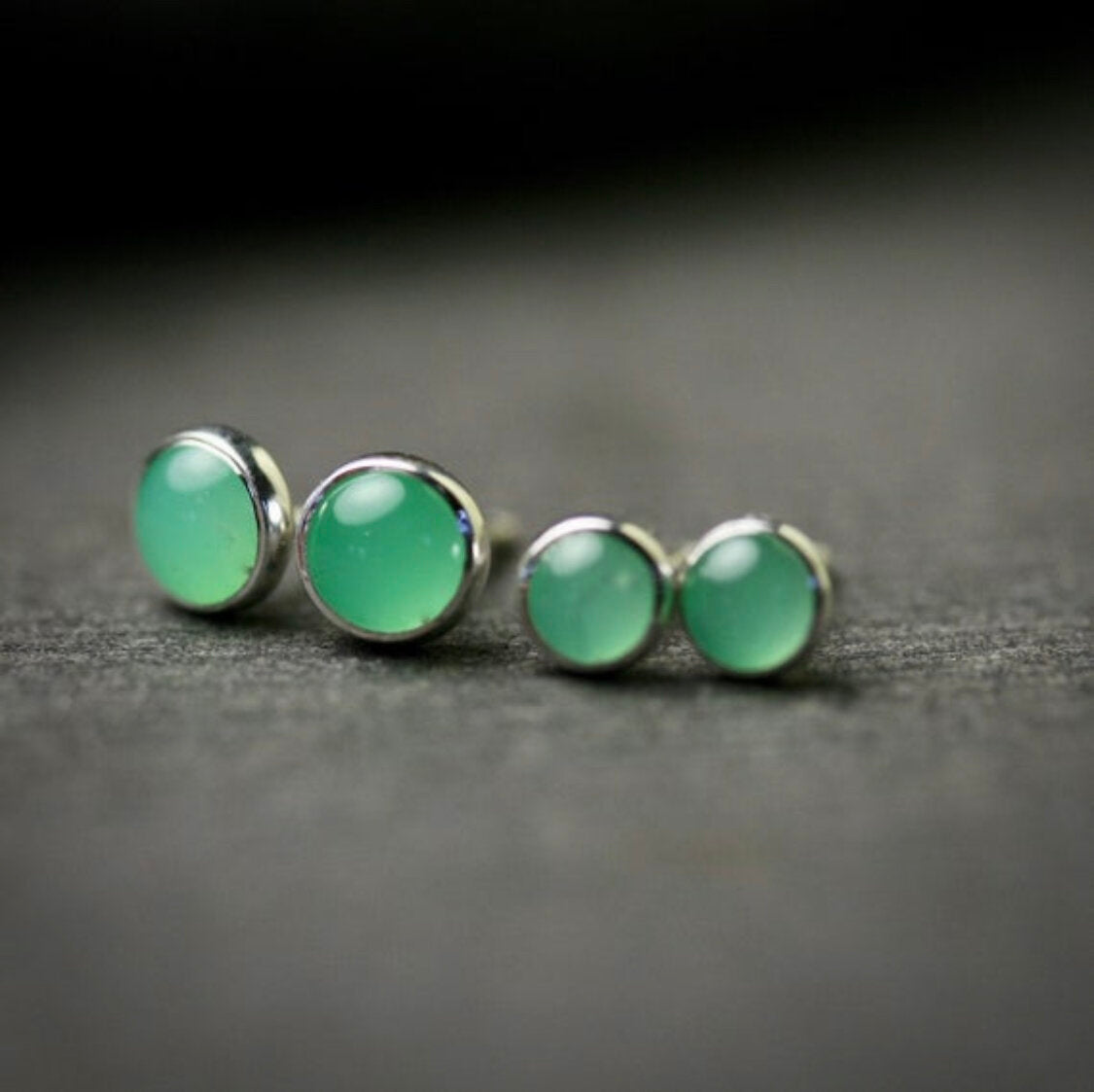 4mm and 5mm chrysoprase stud earrings set in sterling silver