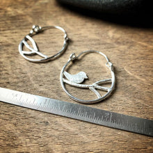 Load image into Gallery viewer, two hoop earrings in sterling silver.  Both have textured branches inside the hoop and there is one bird sitting on the branch.  They are next to a ruler for scale
