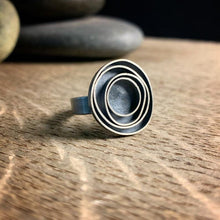 Load image into Gallery viewer, oxidized sterling silver ring with concentric circles
