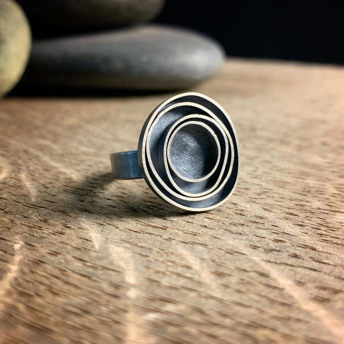 oxidized sterling silver ring with concentric circles