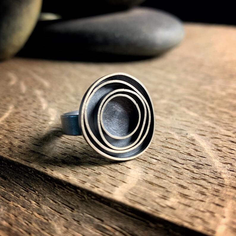 oxidized sterling silver ring with concentric circles