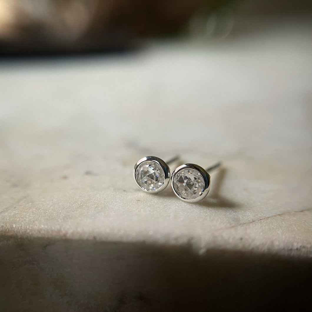 Double rose cut moissanite martini stud earrings in sterling silver