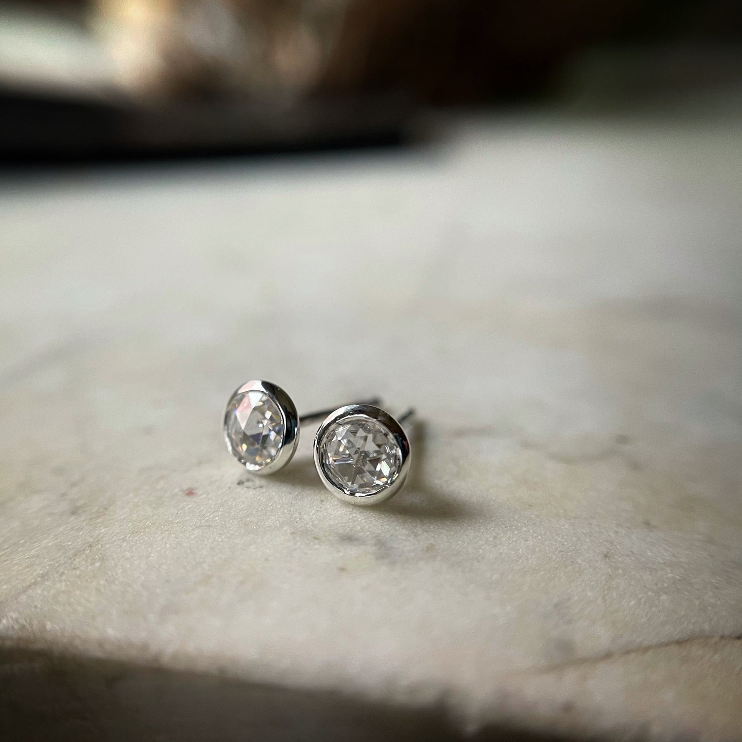 Double rose cut moissanite martini stud earrings in sterling silver