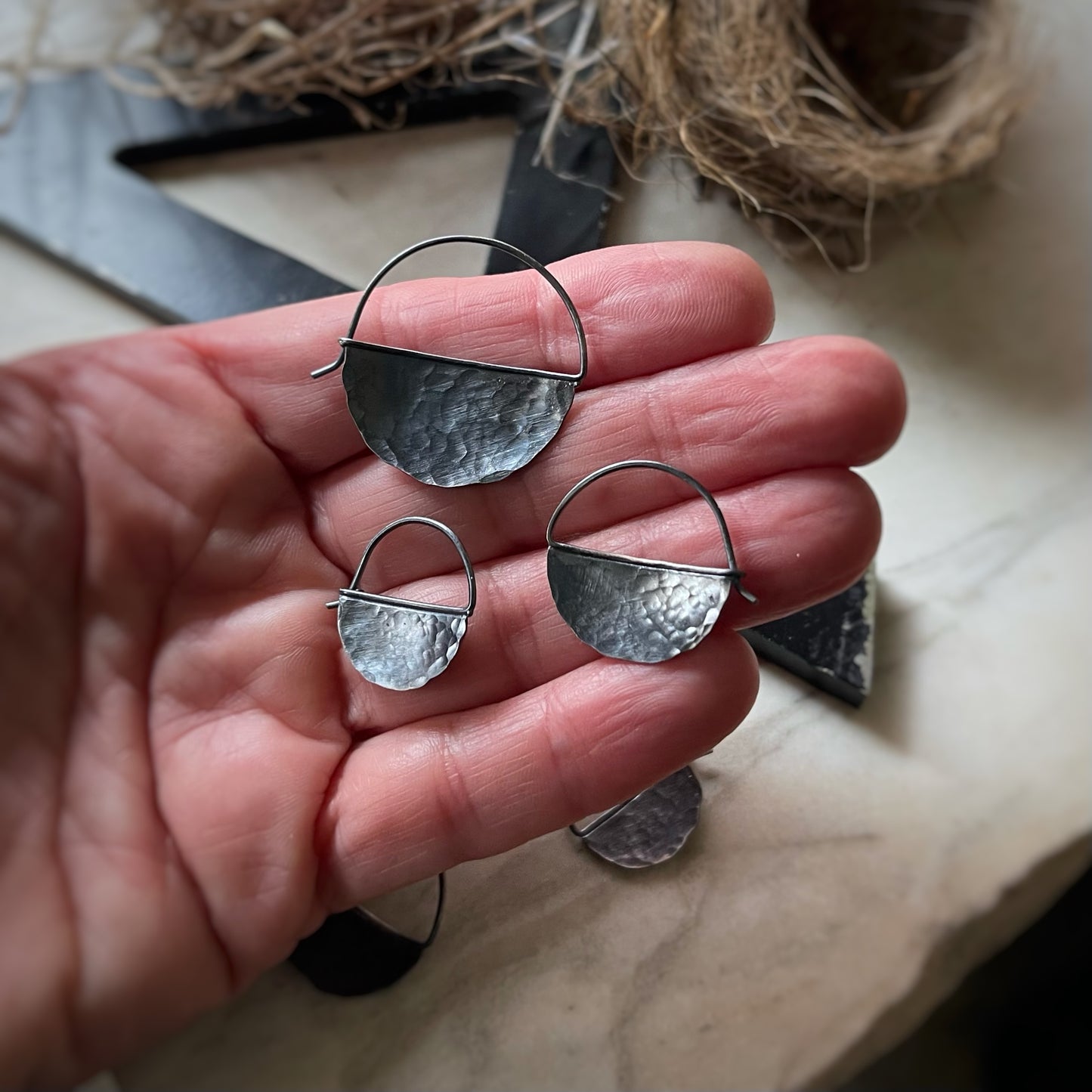 Sterling silver hammered blade hoops three sizes