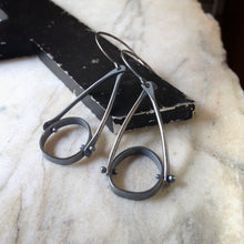 Load image into Gallery viewer, oxidized sterling silver earrings with an industrial look and organic circles
