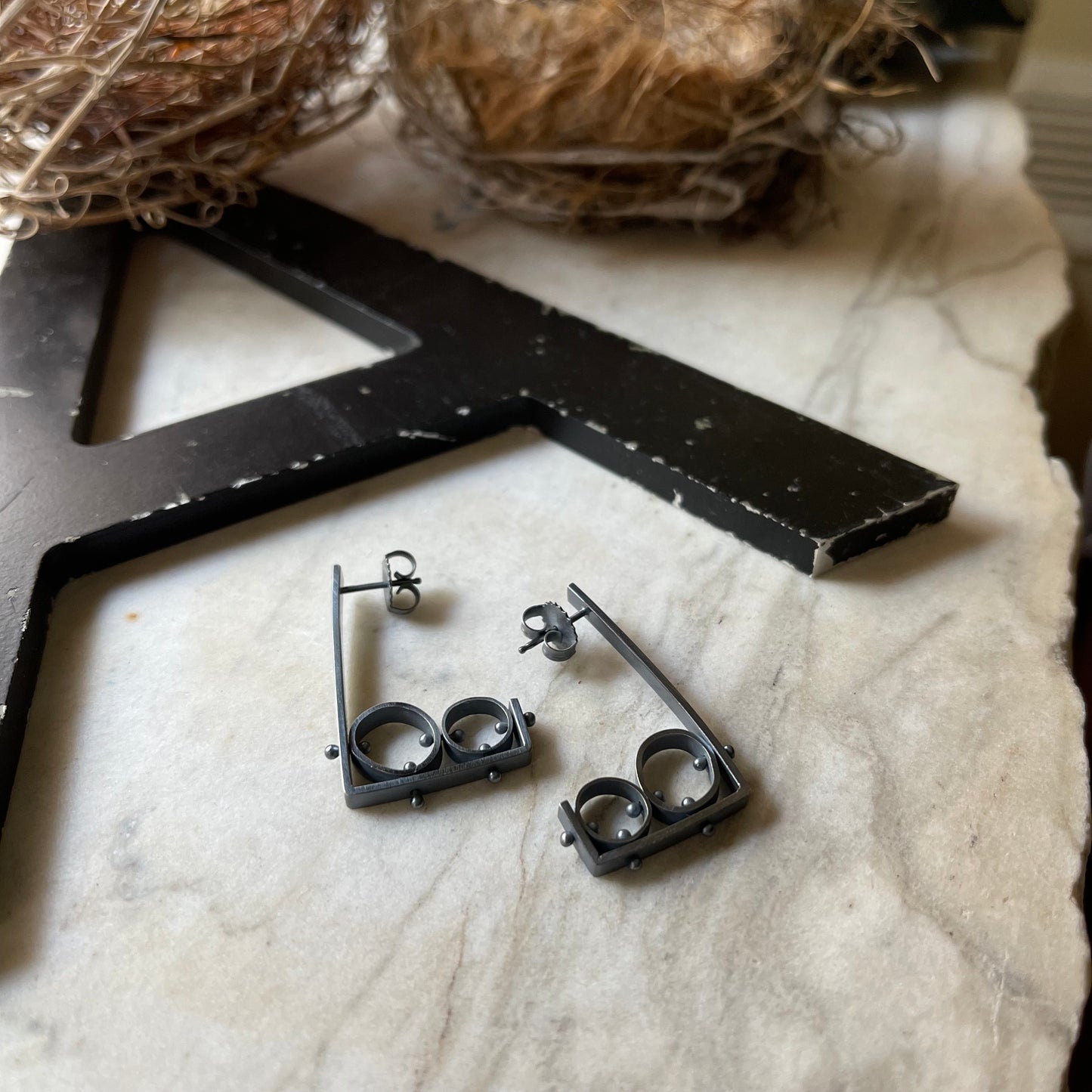 large squared off hoop earrings with two organic circular connected cells