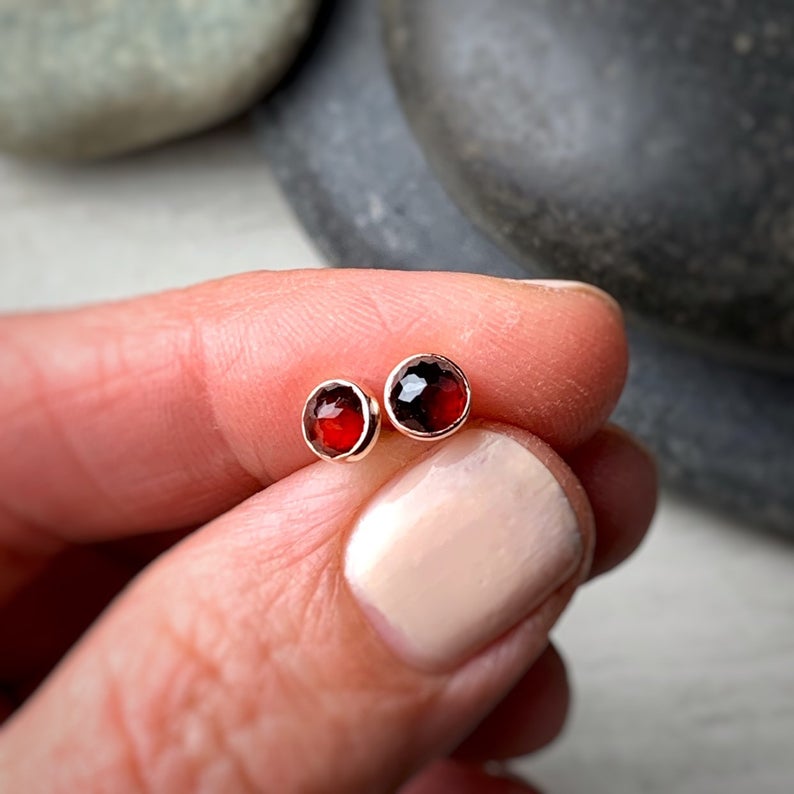 5mm micro faceted garnet bezel set garnet stud earrings