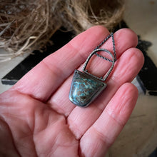 Load image into Gallery viewer, blue green and brown kite shaped stone in a oxidized sterling silver pendant
